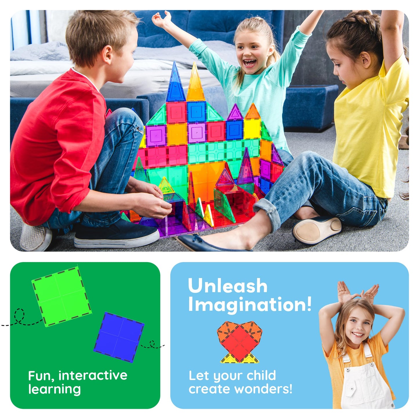 PicassoTiles 4pcs Magnetic Large Square Tiles – STEM Building Toy
