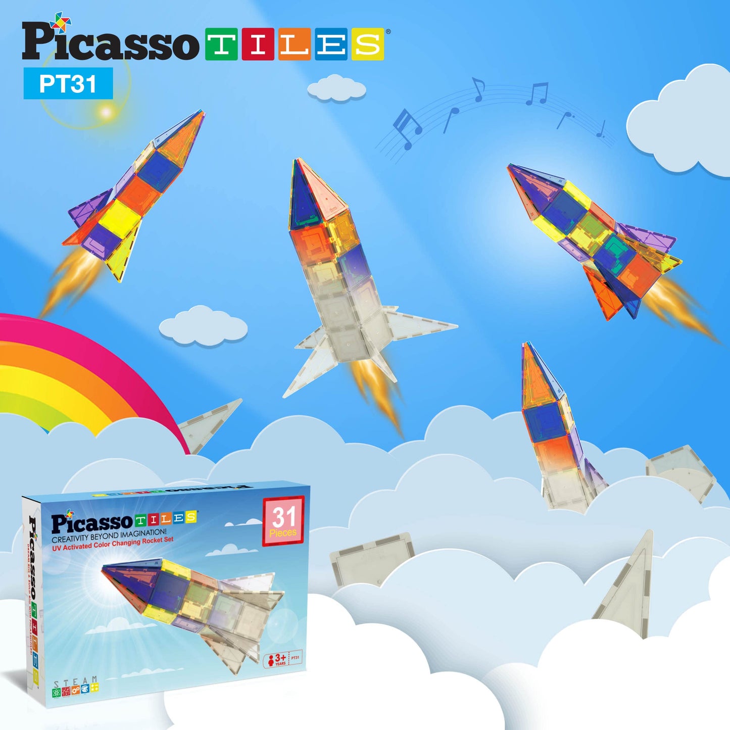 PicassoTiles UV Activated Color Changing Rocket Set – Magnetic STEM Building Blocks for Kids 3+