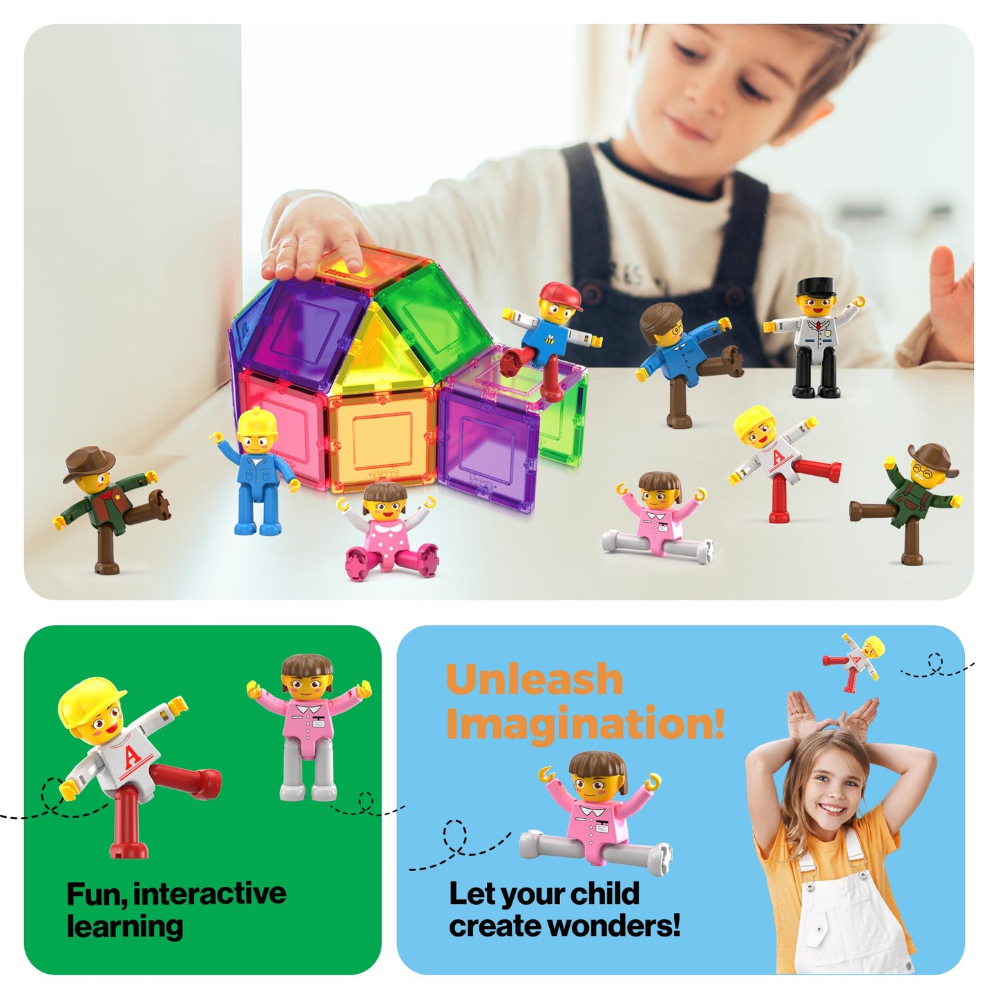 PicassoTiles 16pc Magnetic Character Figures Expansion Set – Toddler-Style Characters for Magnetic Tile Building