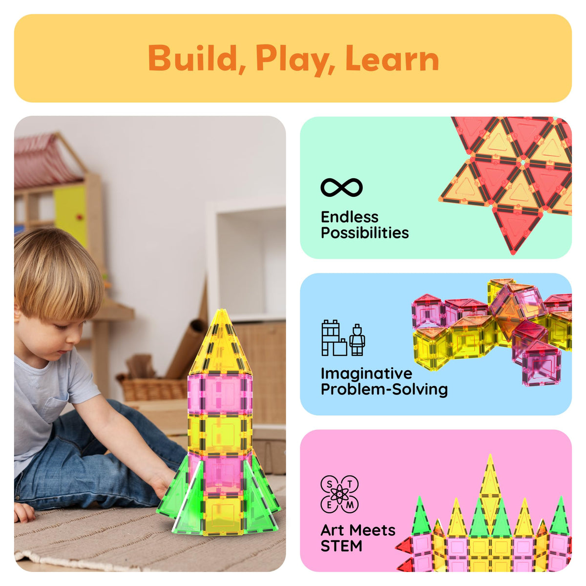 PicassoTiles Magnetic Tile Set — Squares & Triangles | STEM Construction Kit PB12 for Kids 3+
