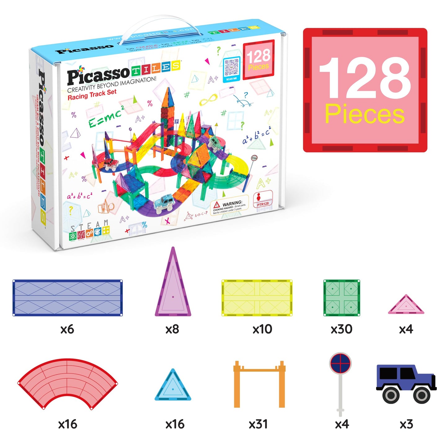 PicassoTiles 128-Piece Magnetic Race Car Track | LED Cars, STEM Learning Toy for Kids 3+