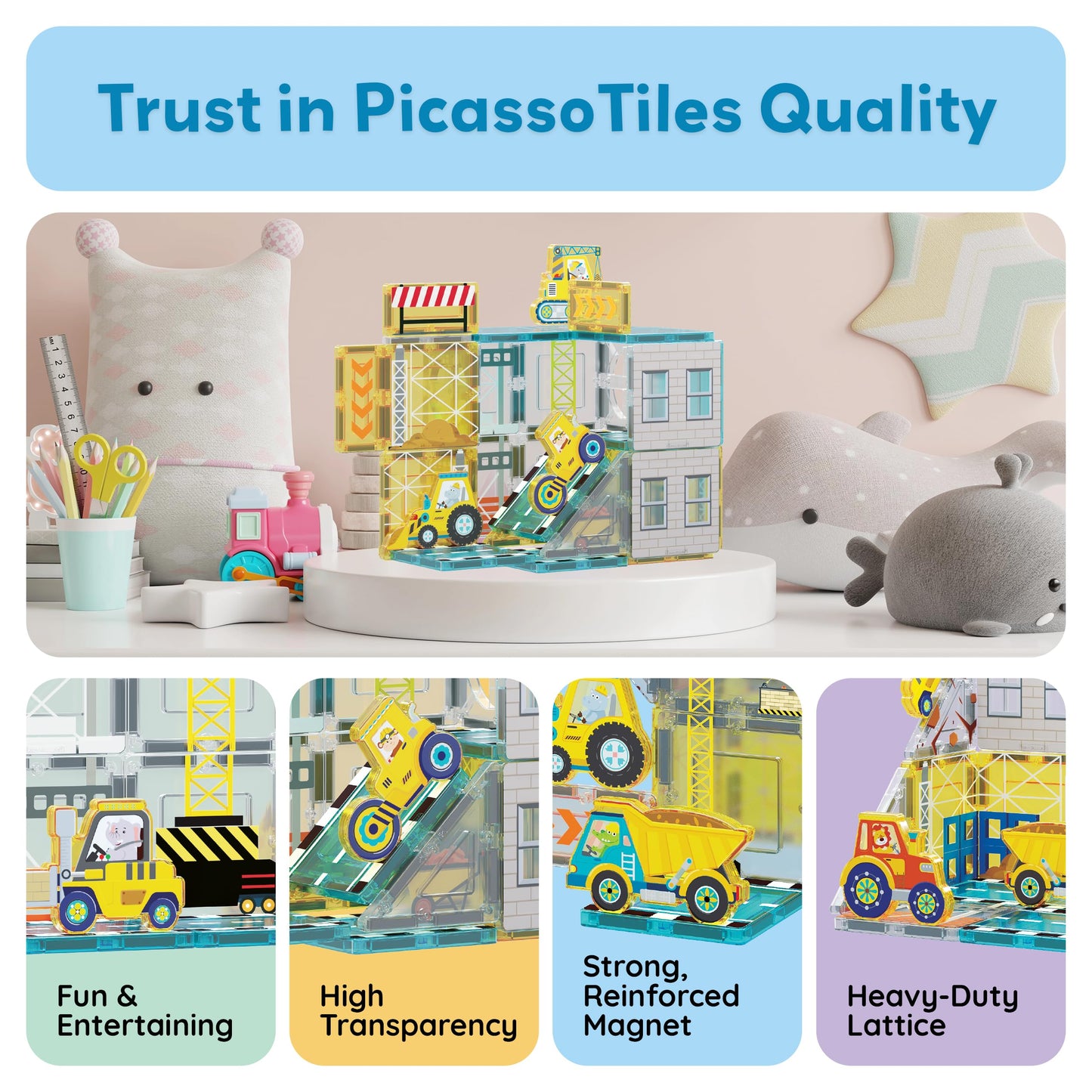 PicassoTiles Magnet Tiles: 8 Construction Vehicles STEM Building Set