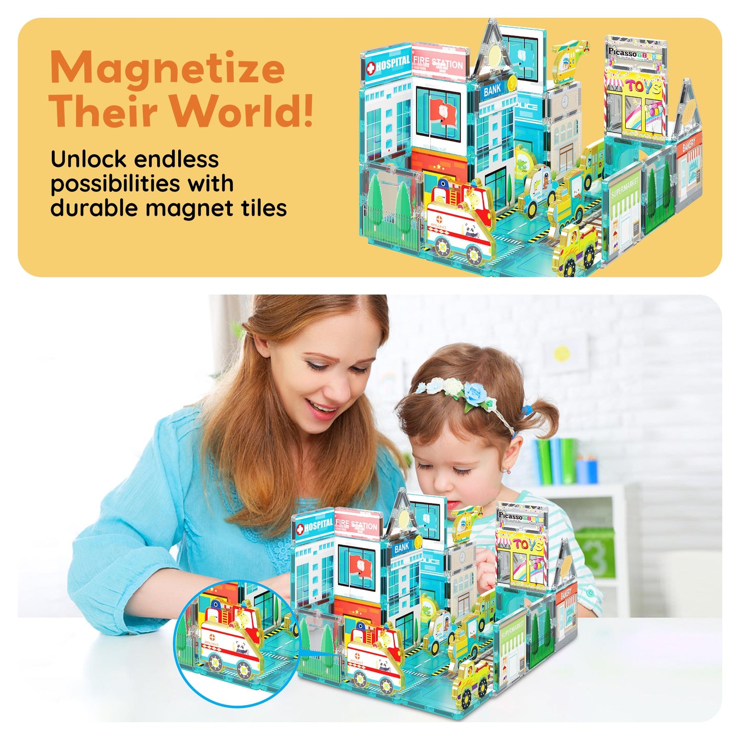 PicassoTiles 8pc Metro City Vehicle Magnet Set – STEM Construction Toys