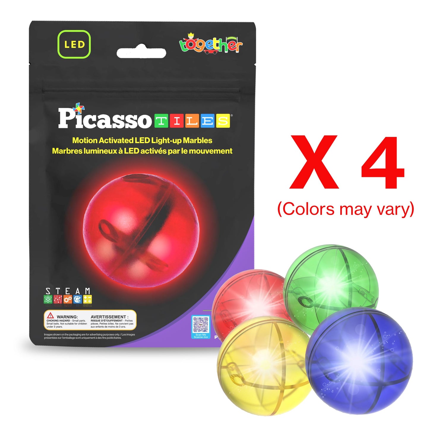 PicassoTiles Motion Activated Marbles – LED Glow-in-the-Dark 4pc Marble Run Accessory