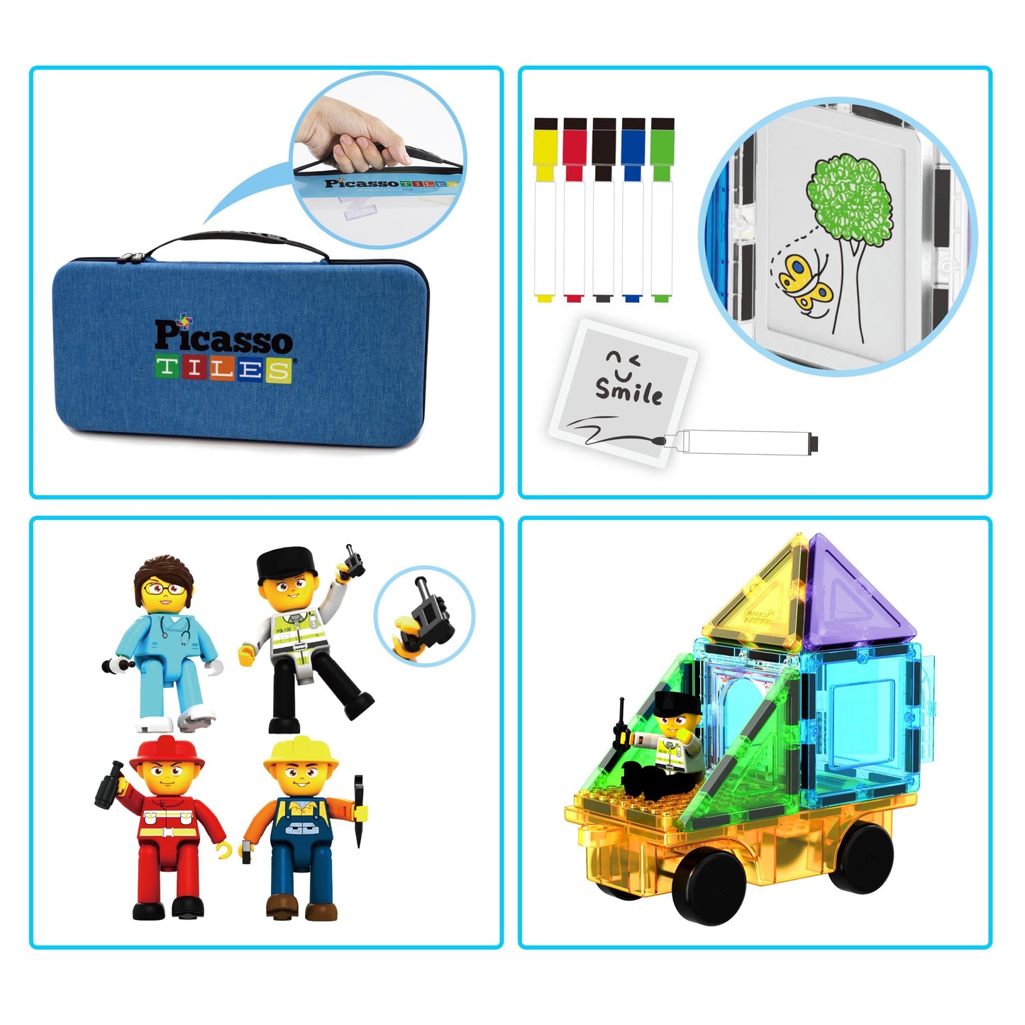 PicassoTiles 100pc Magnetic Tile Set with Carry Case – Car Base, 8 Characters, Whiteboard Markers | STEM Learning PB01