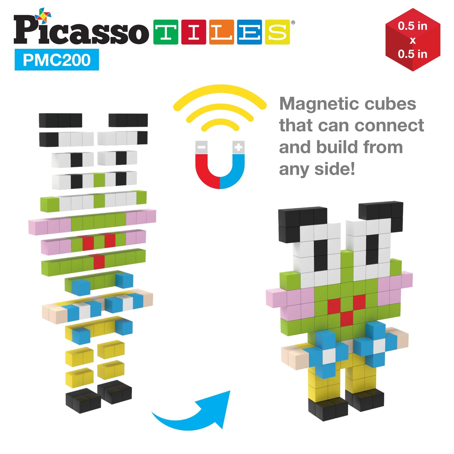 PicassoTiles 0.5-inch Pixel Magnetic Puzzle Cubes – 200-Piece STEM Building Toy