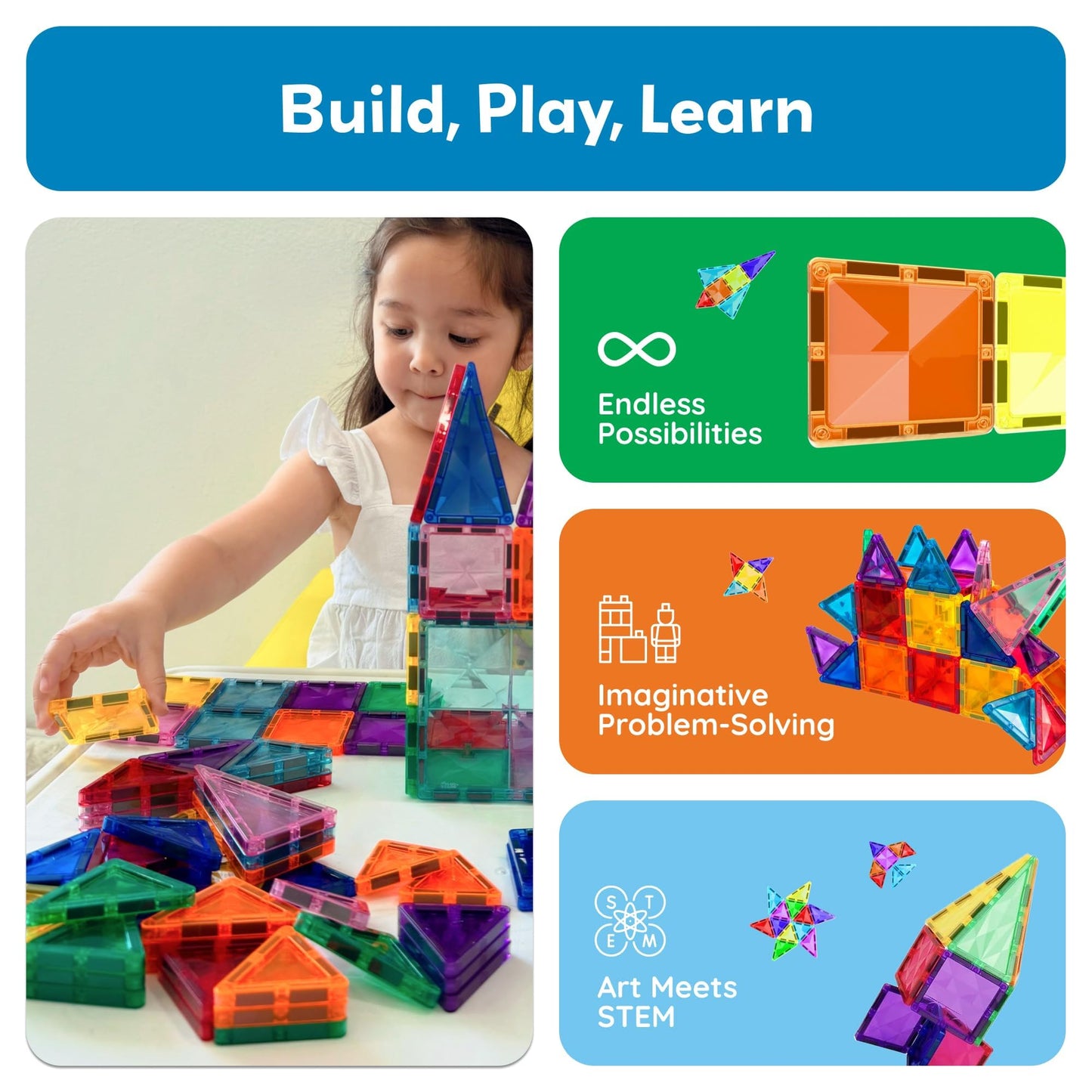 PicassoTiles 60 pcs Mini Magnetic Tiles – Travel-Ready STEM Building Set for Kids 3+