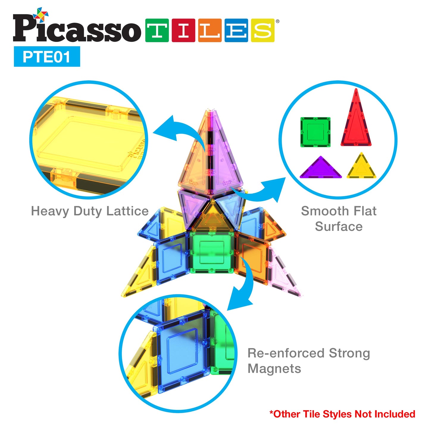 PicassoTiles Magnetic Triangle Tiles – Equilateral STEM Building Toy for Kids 3+