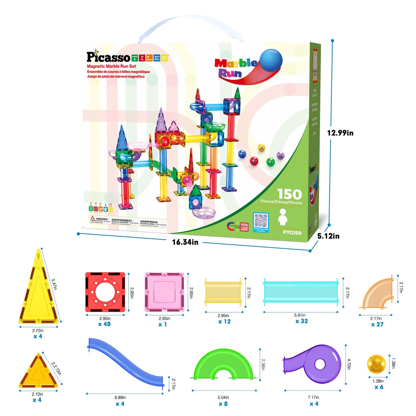 PicassoTiles 150pc Magnetic Marble Run Track Set – STEM Building Toy for Kids 3+