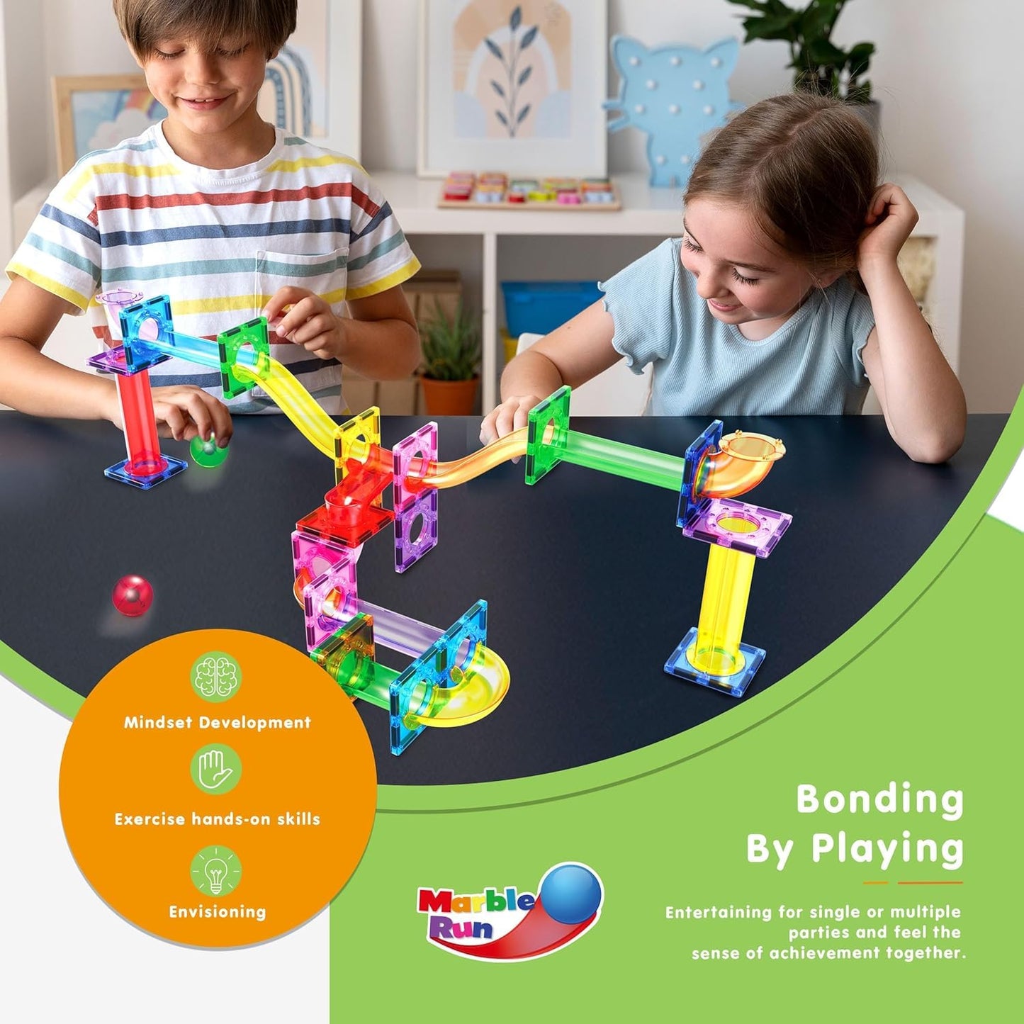PicassoTiles Magnetic Marble Run Set – Rainbow Color Tiles, 40-Piece STEM Kit for Kids 3+