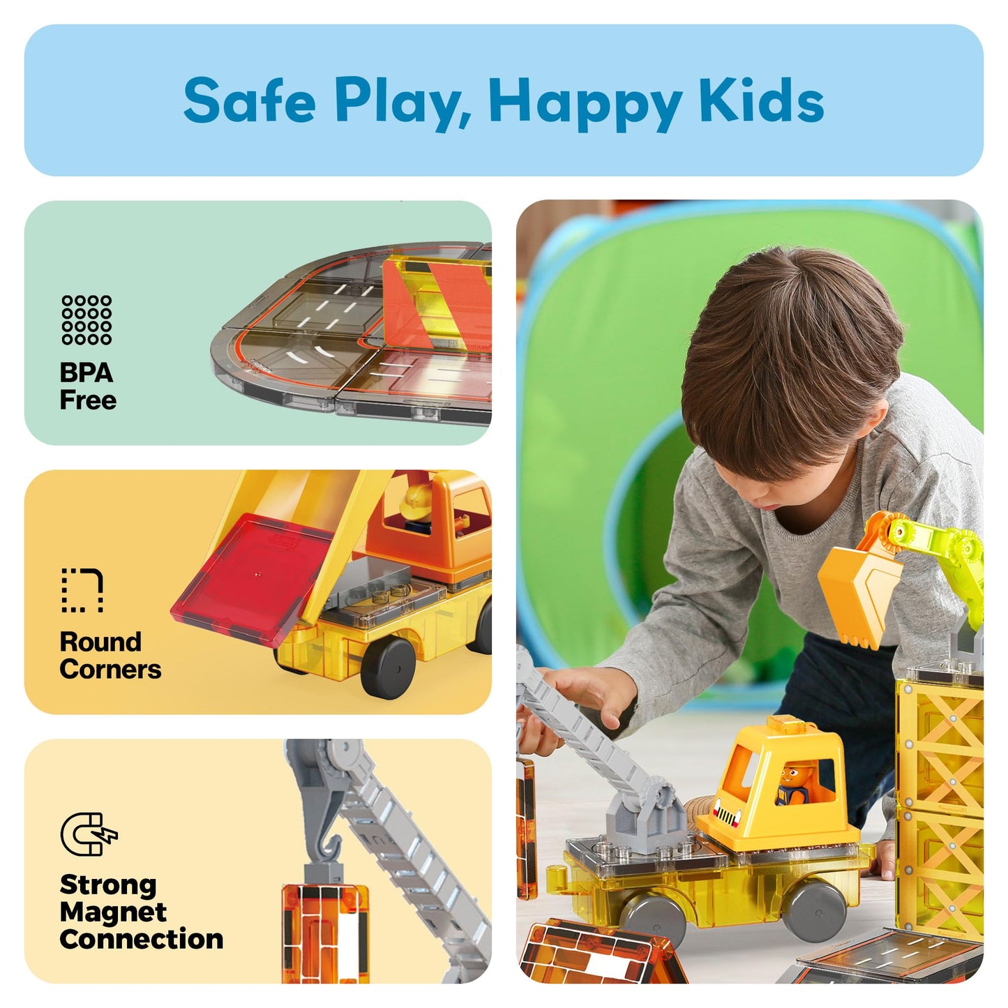 PicassoTiles 5-in-1 Magnetic Construction Vehicle Set – Crane, Ladder, Dump Truck, Excavator & Backhoe (Ages 3+)