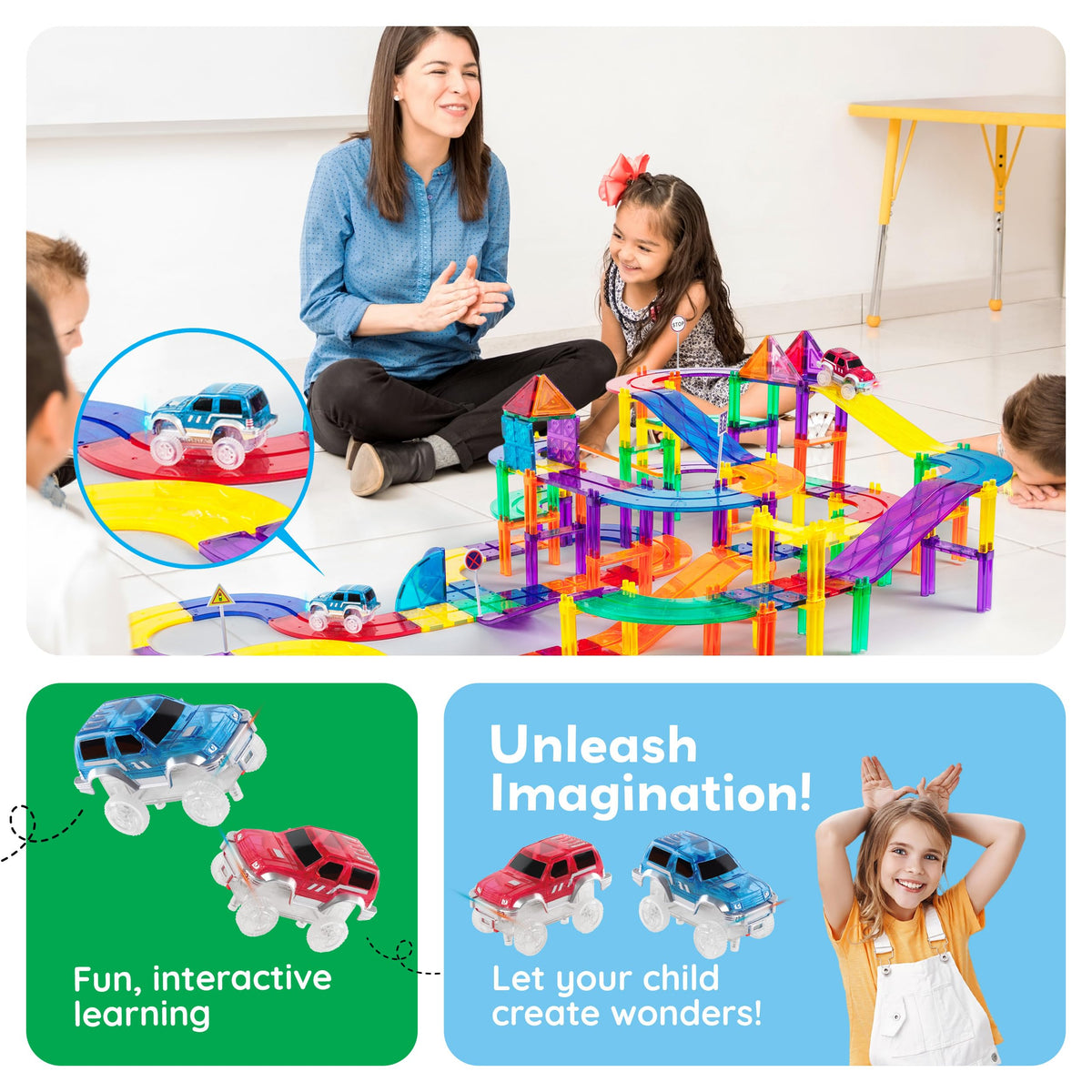 PicassoTiles 2pcs LED Magnetic Car Set – Compatible with Magnet Race Tracks | STEM Toy for Toddlers 3+