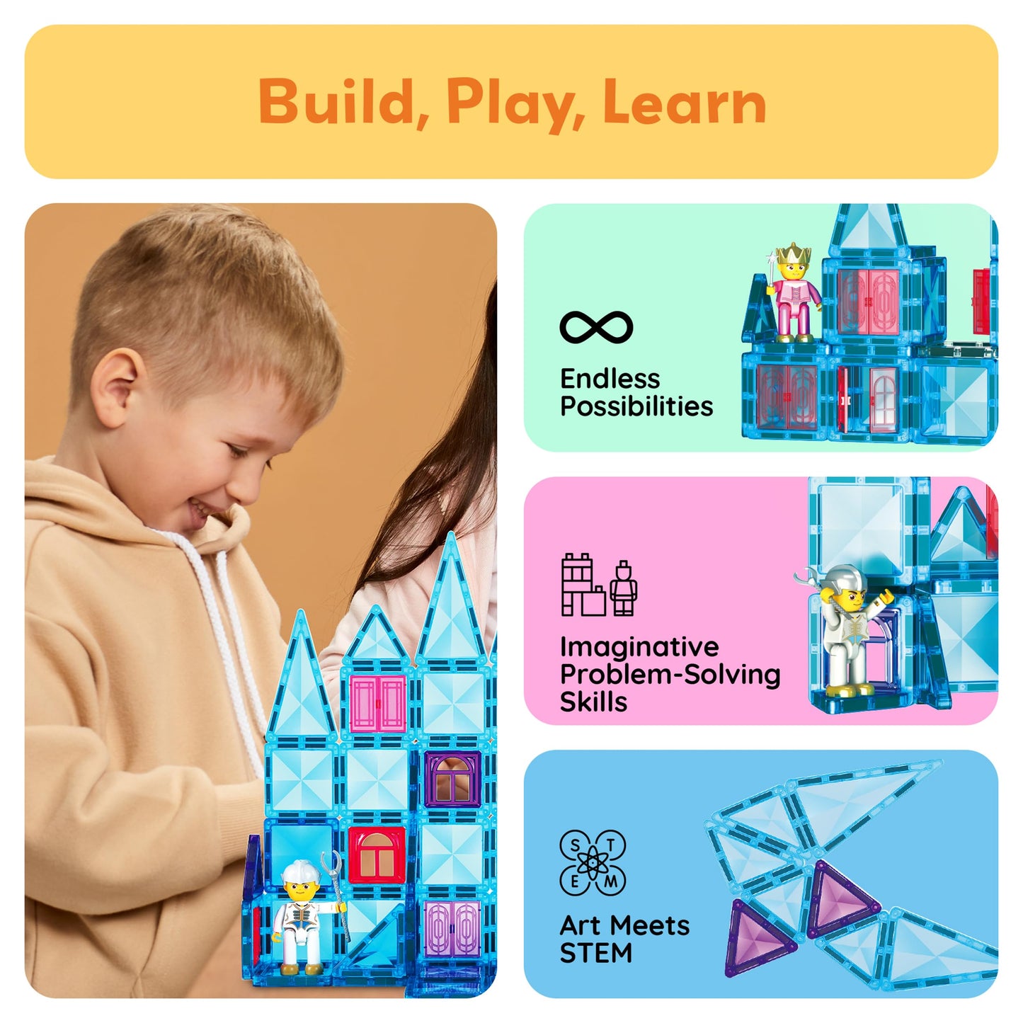 PicassoTiles 71pc Mini Diamond Series Winter Ice Theme Magnetic Tile Building Blocks PTM71 | Travel-Size STEM Toy
