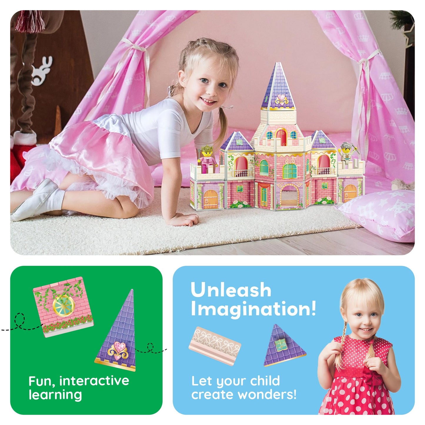 PicassoTiles 60pc Magnetic Princess Castle Building Set – STEM Toy for Ages 3–8 (PTQ04)