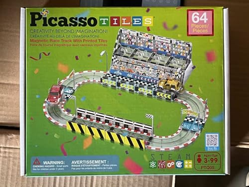 PicassoTiles Magnetic Race Track Set with 2 Trucks – STEM Building Toy PTQ05 | Kids 3+