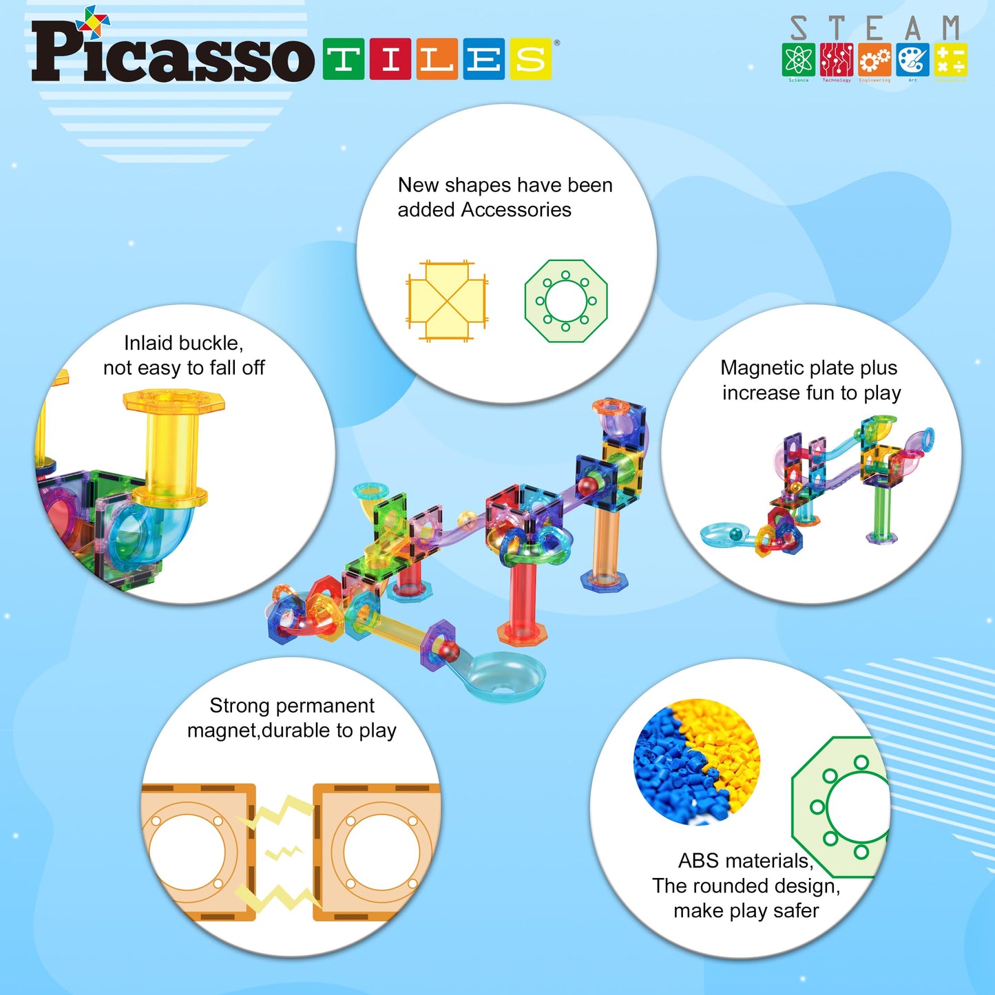 PicassoTiles Marble Run 60-Piece Race Track – Magnetic STEM Building Tiles Set PTG60
