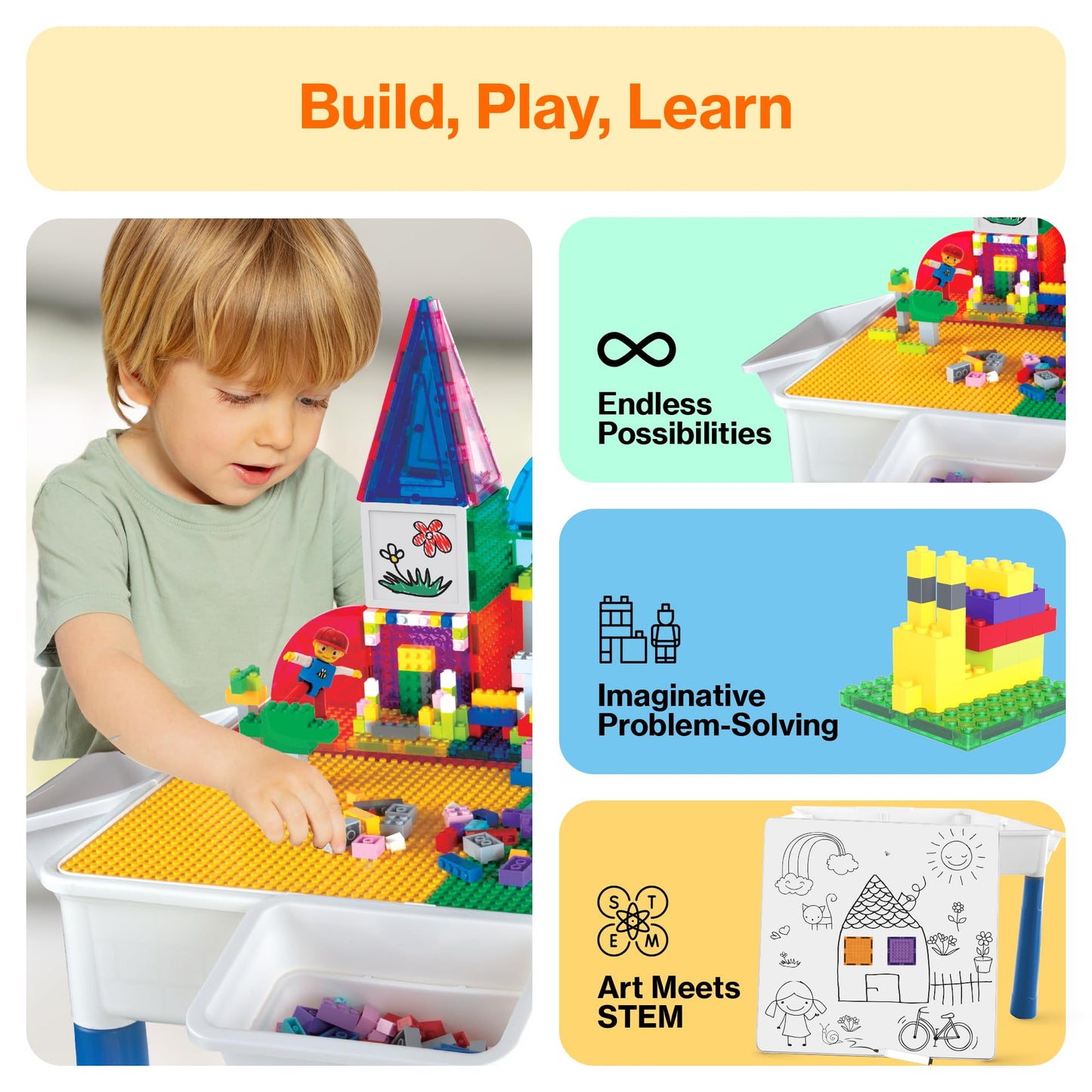 PicassoTiles 585pc Table Set: Magnetic Tiles, Bricks & Whiteboard Desk for STEM Play