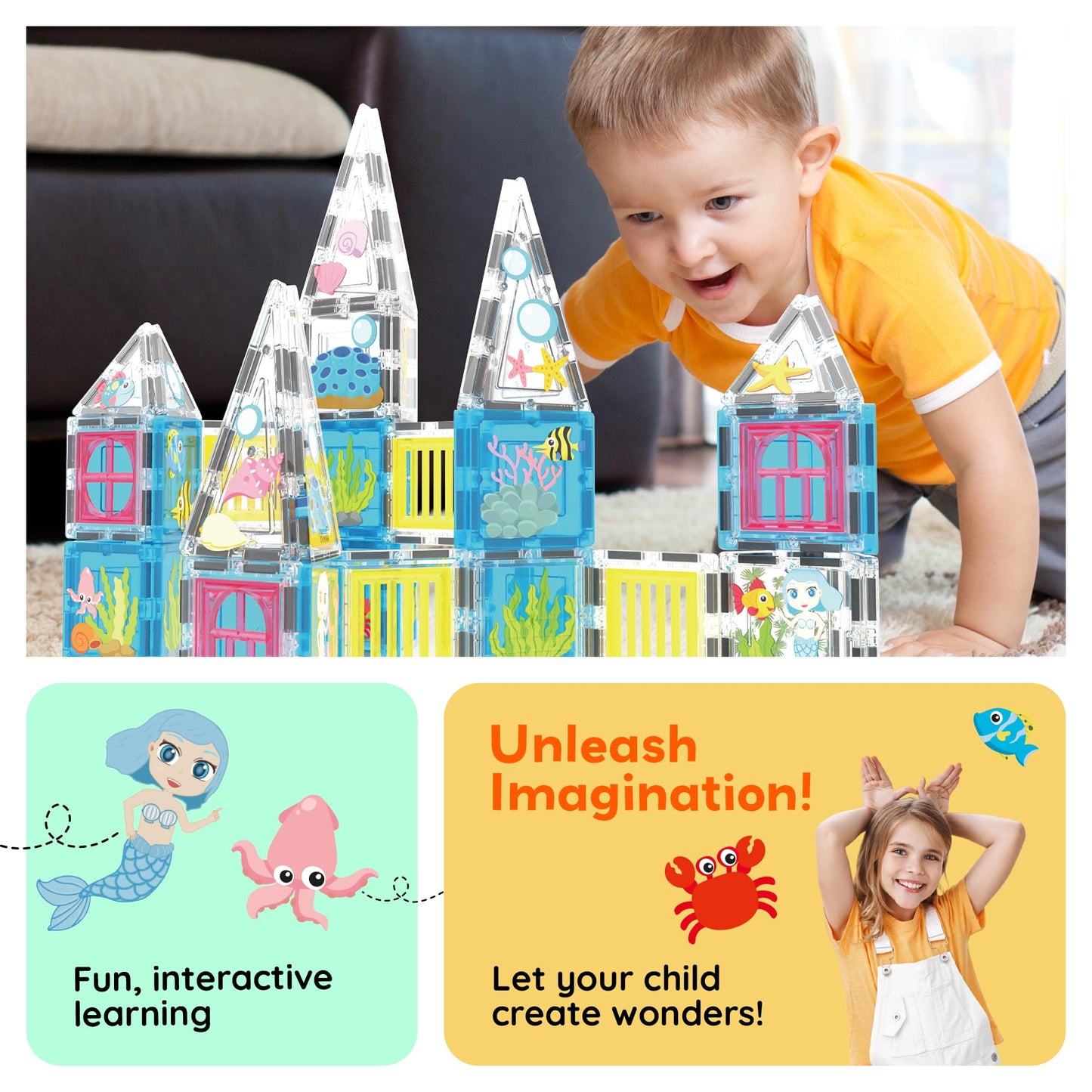 PicassoTiles Mermaid Theme Magnetic Tiles – 50 Piece STEM Building Set for Kids 3+