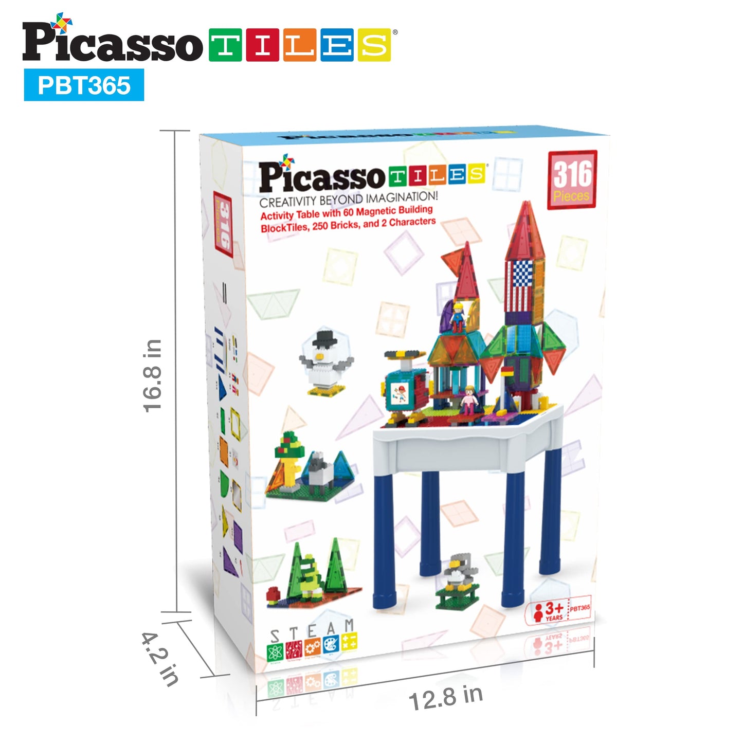 PicassoTiles 316-Piece Activity Table with Magnetic Tiles & Storage | STEM Toys for Ages 3+