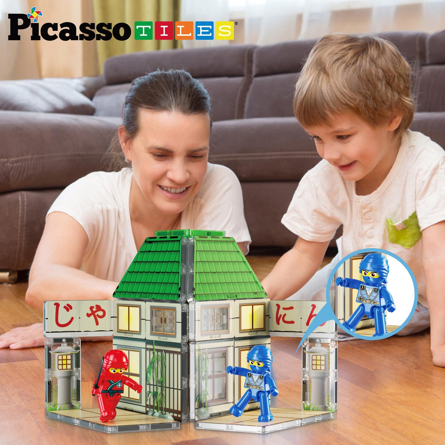 PicassoTiles Ninja Dojo House Magnet Tile Set – 64-Piece STEM Playset with 4 Ninja Figures (Ages 3+) PTQ07