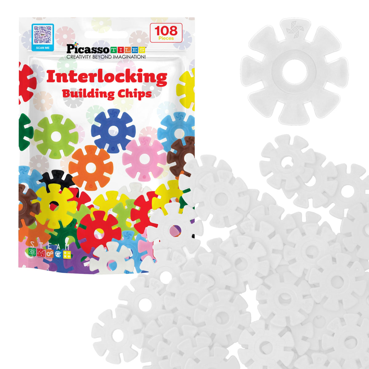 PicassoTiles White Building Chip Interlocking Discs – STEM Construction Toy for Kids 3+ PTF108