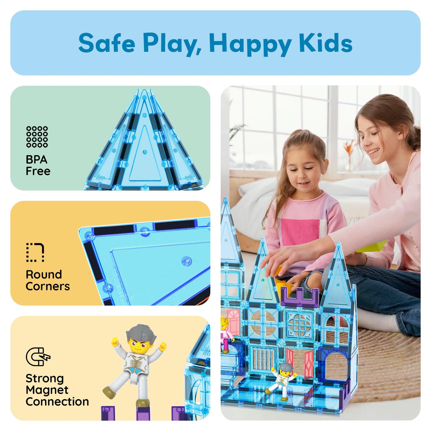 PicassoTiles 72-Piece Magnetic Building Tiles: Castle Winter Ice Theme
