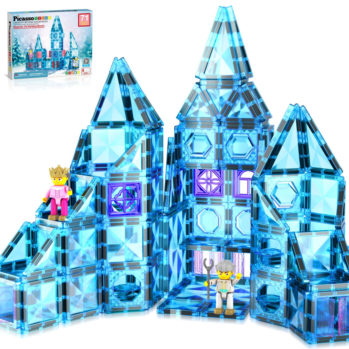 PicassoTiles 71pc Mini Diamond Series Winter Ice Theme Magnetic Tile Building Blocks PTM71 | Travel-Size STEM Toy