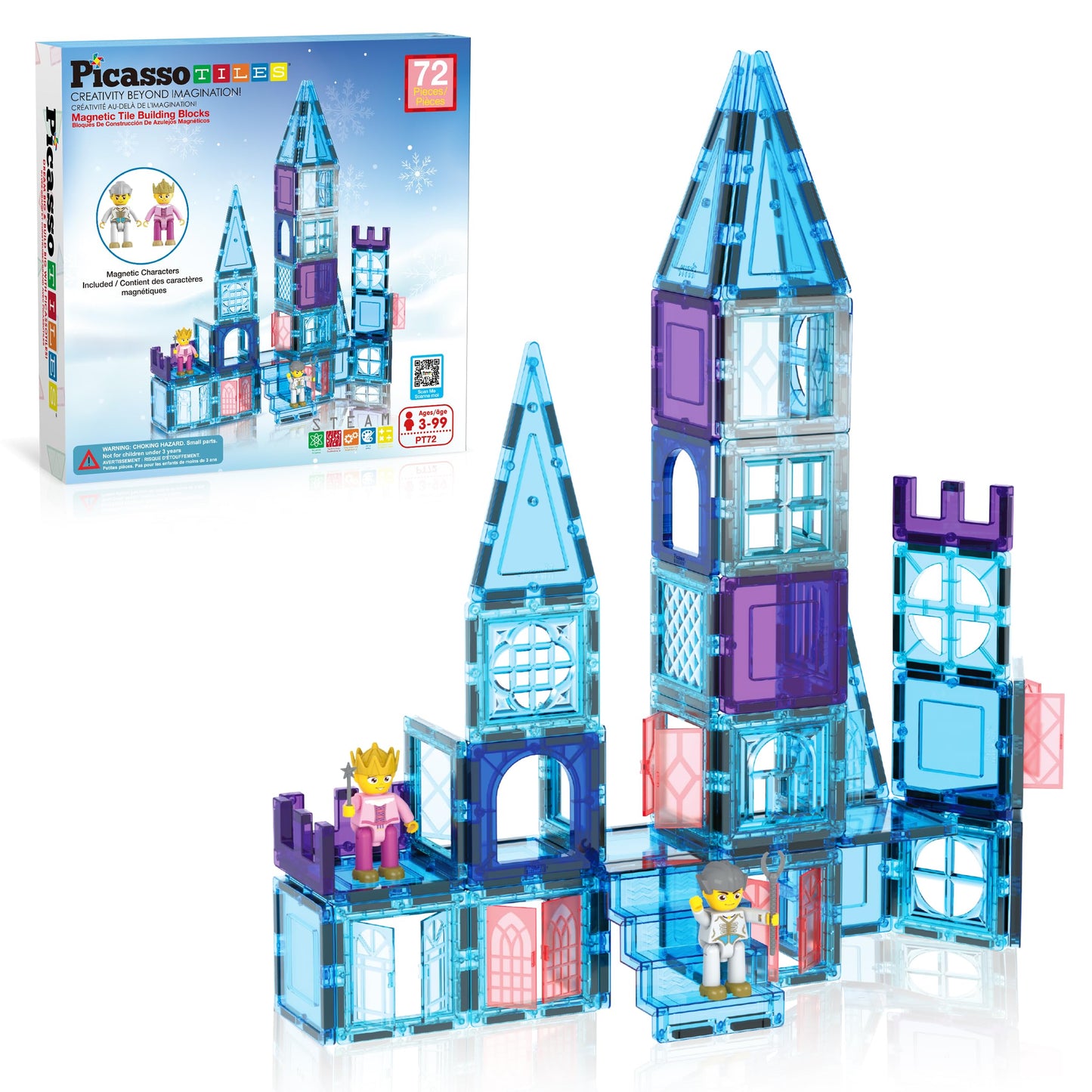 PicassoTiles 72-Piece Magnetic Building Tiles: Castle Winter Ice Theme