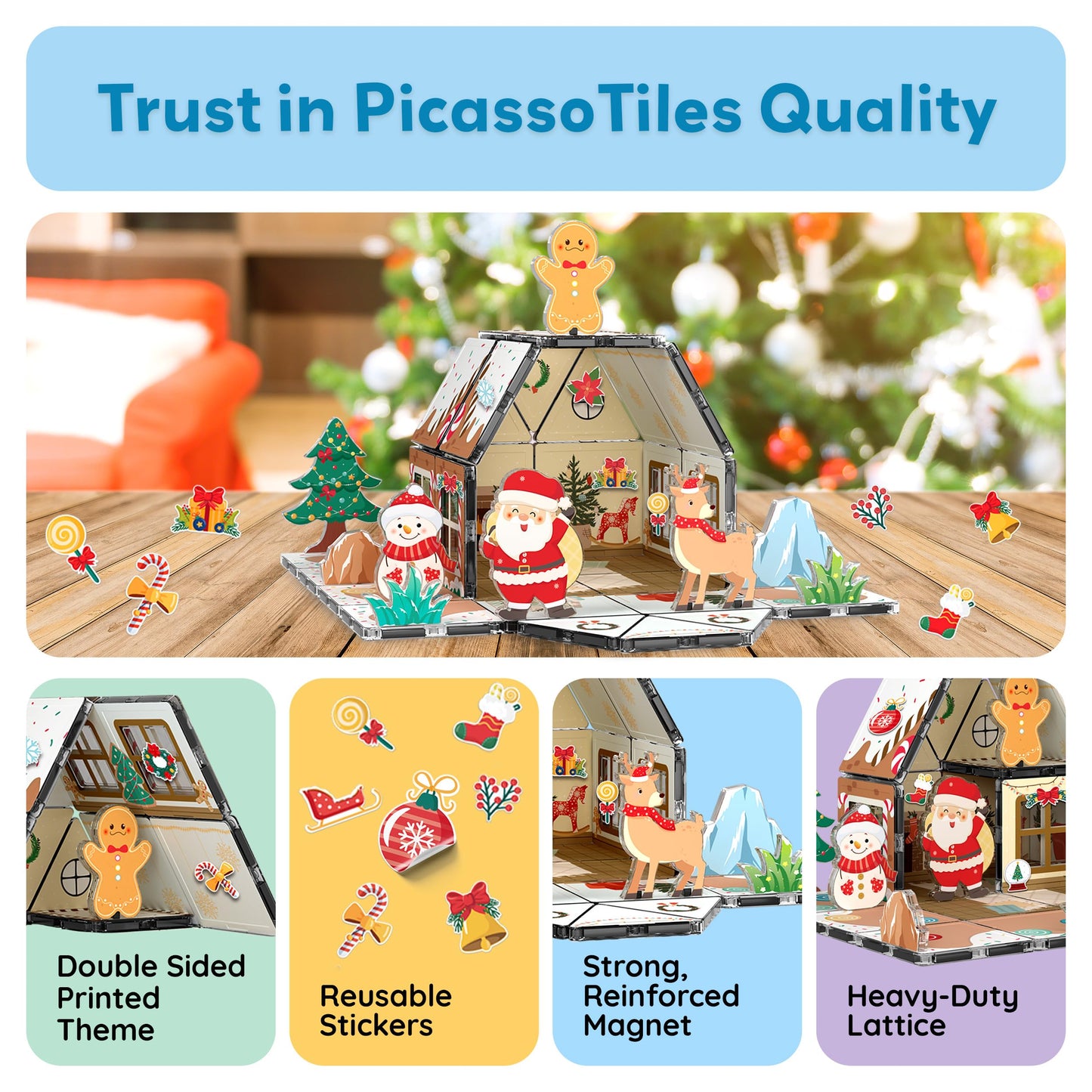 PicassoTiles Gingerbread House Holiday Magnetic Tiles – Santa, Snowman, Deer | STEM Toys for Kids 3+