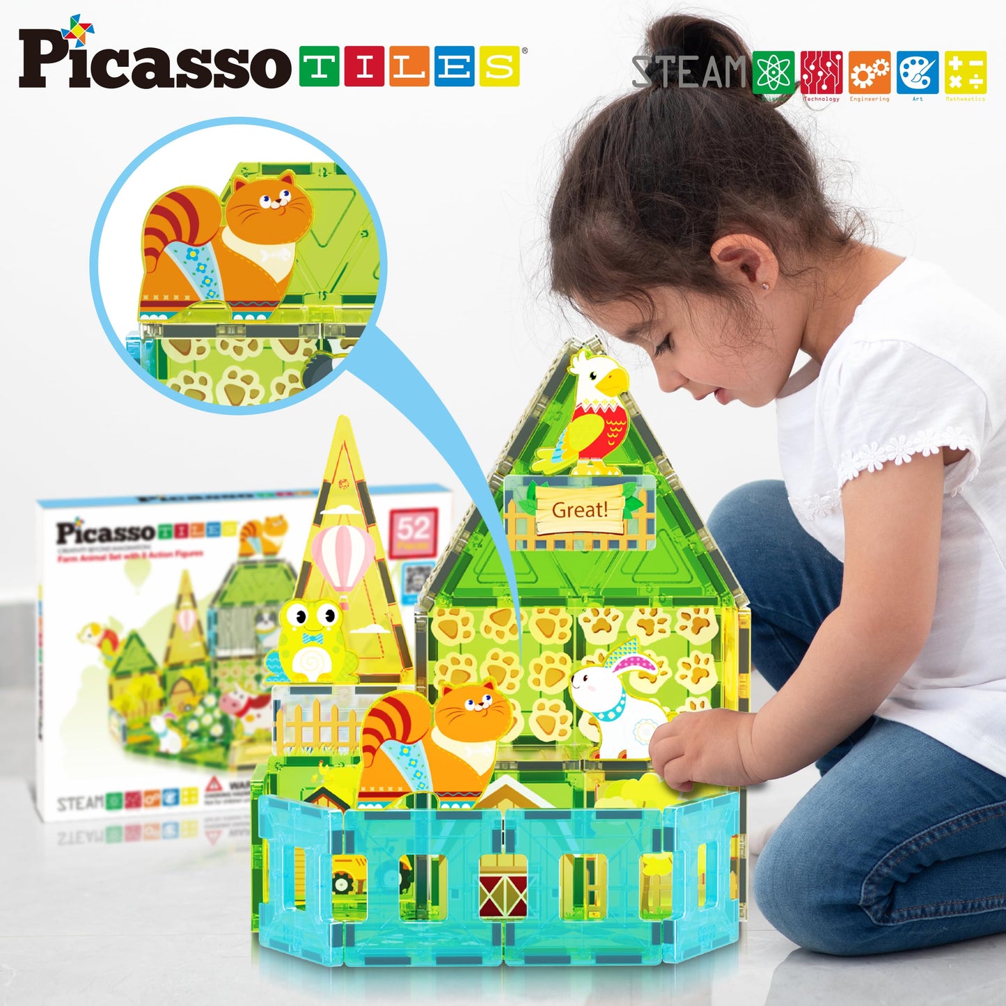 PicassoTiles Magnetic Farm Animal Playset – 52-Piece STEM Construction Toy for Kids 3+