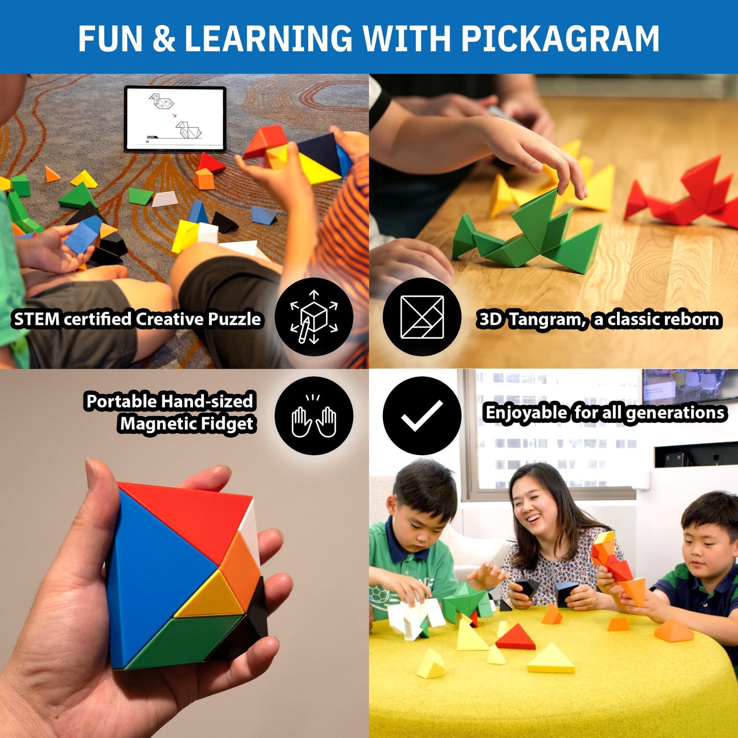 Pickagram Tangram 3D Magnetic Puzzle – STEM Certified Fidget Toy for All Ages