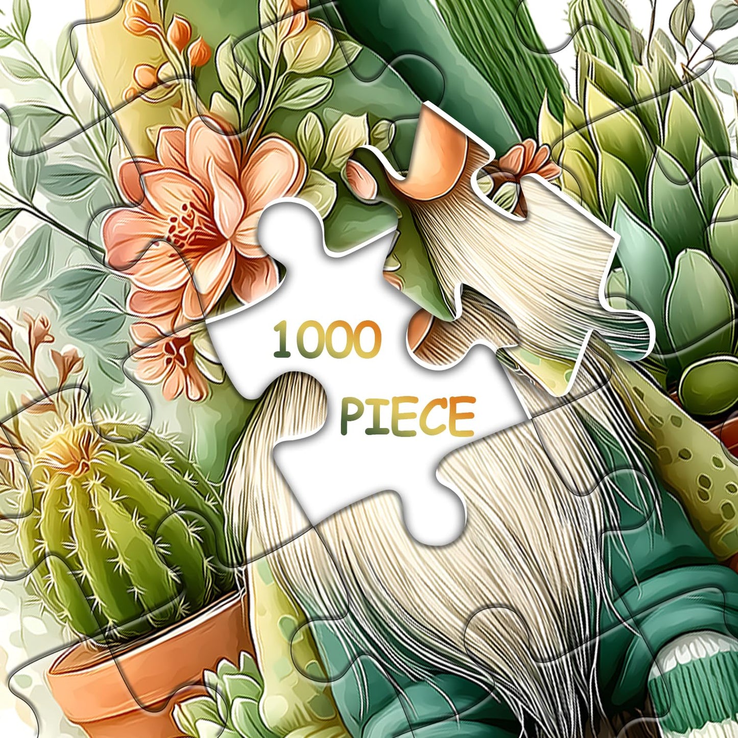 PICKFORU Cactus Gnome Puzzle 1000 Pieces | Garden Succulents Jigsaw for Adults