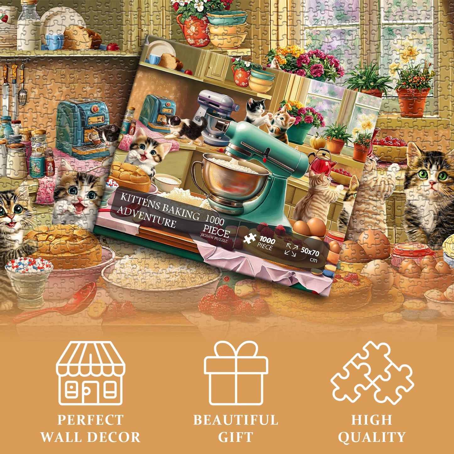 PICKFORU Cat Puzzles for Adults - 1000 Pieces, Kittens Baking Scene, Kitchen Cat Jigsaw Puzzle