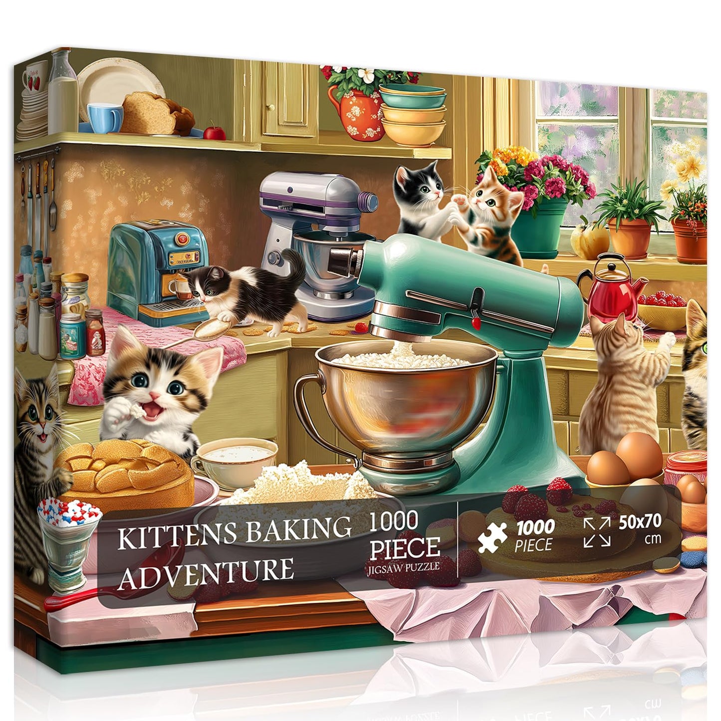PICKFORU Cat Puzzles for Adults - 1000 Pieces, Kittens Baking Scene, Kitchen Cat Jigsaw Puzzle