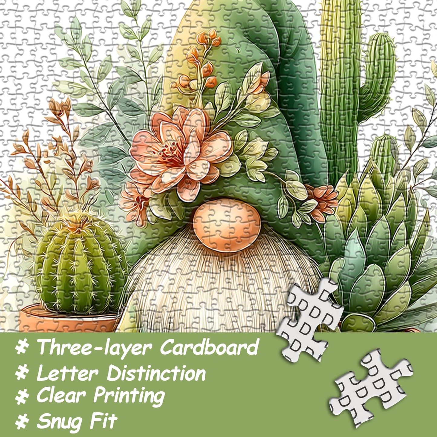 PICKFORU Cactus Gnome Puzzle 1000 Pieces | Garden Succulents Jigsaw for Adults