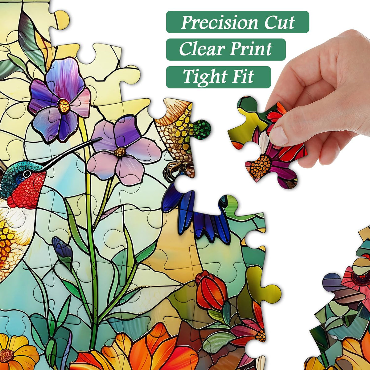 PICKFORU Stained Glass Puzzles 1000 Pieces – Flower Hummingbird Mosaic