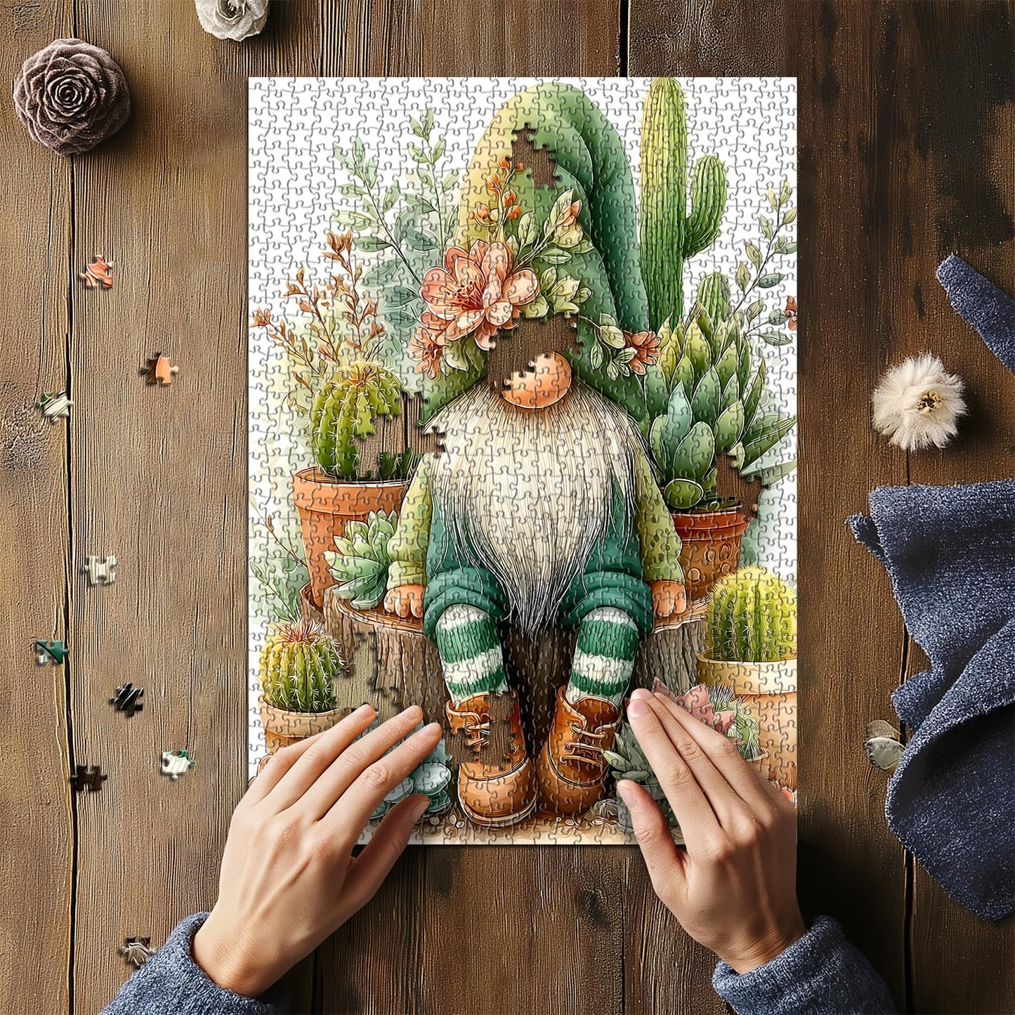 PICKFORU Cactus Gnome Puzzle 1000 Pieces | Garden Succulents Jigsaw for Adults