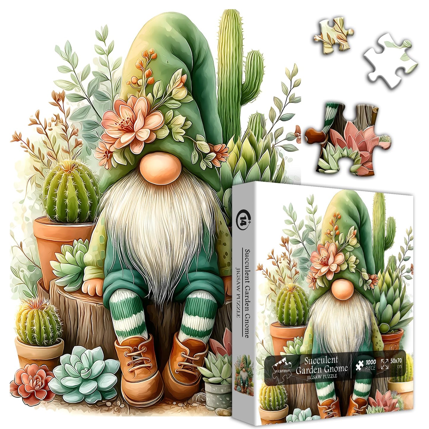 PICKFORU Cactus Gnome Puzzle 1000 Pieces | Garden Succulents Jigsaw for Adults