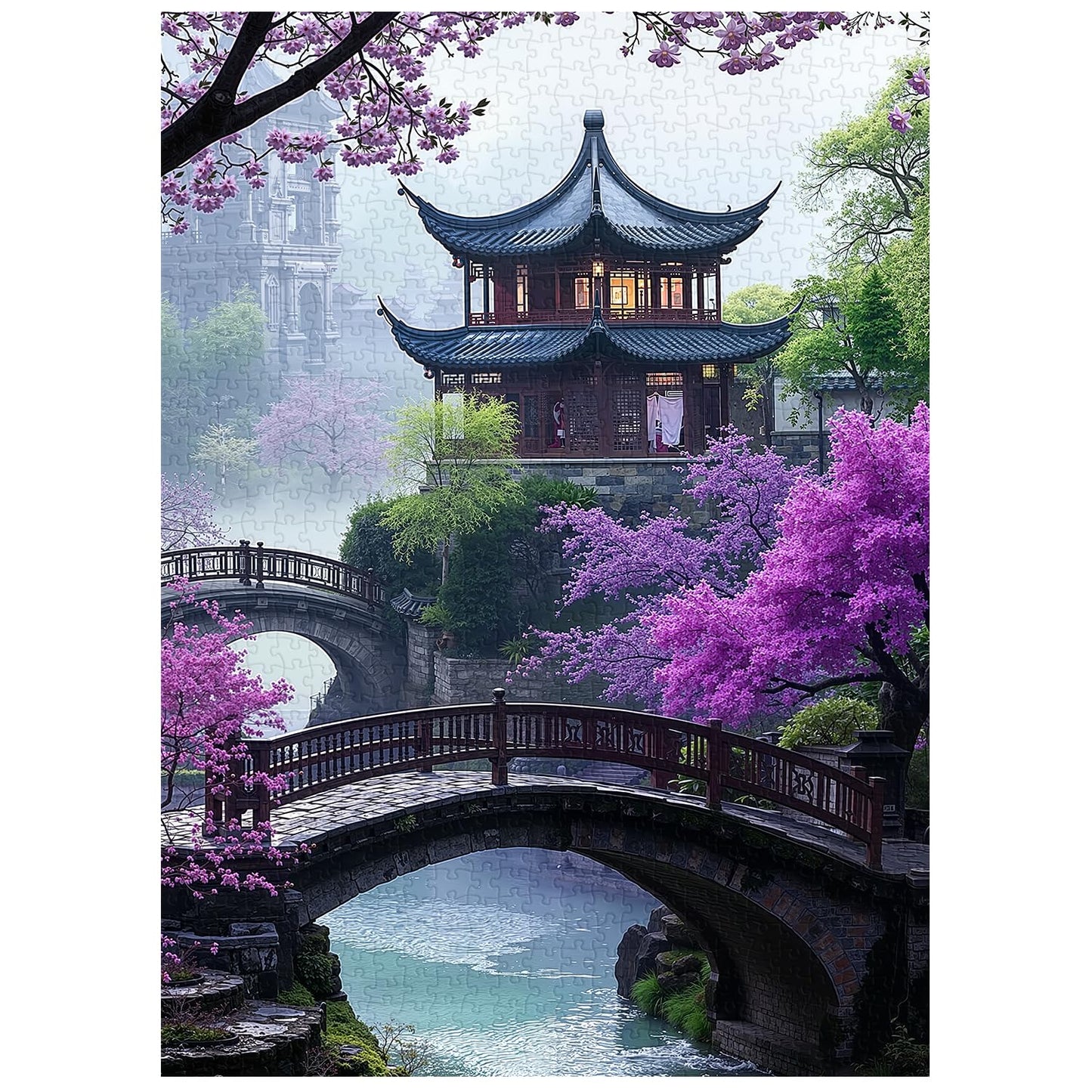 PICKFORU Plum Blossom Dreamscape 1000-Piece Puzzle - Vintage Flower & Lake Park Scene