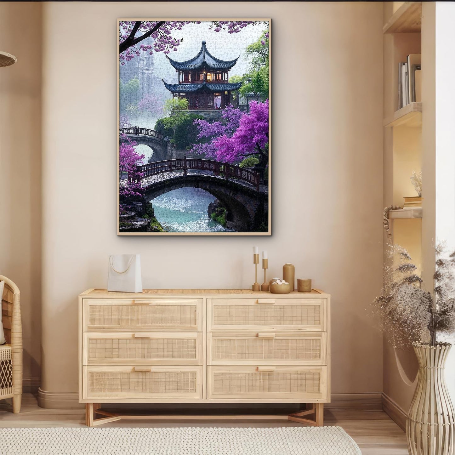 PICKFORU Plum Blossom Dreamscape 1000-Piece Puzzle - Vintage Flower & Lake Park Scene