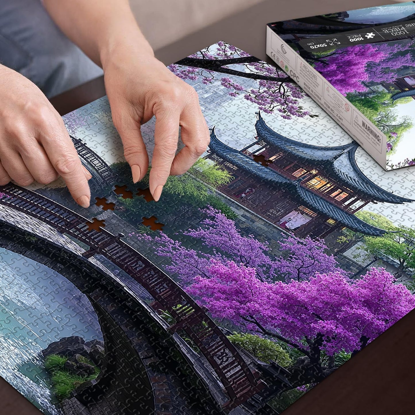 PICKFORU Plum Blossom Dreamscape 1000-Piece Puzzle - Vintage Flower & Lake Park Scene