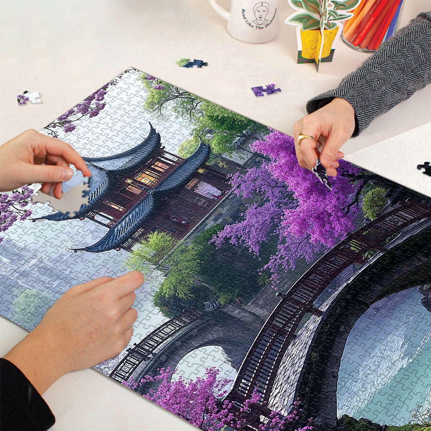 PICKFORU Plum Blossom Dreamscape 1000-Piece Puzzle - Vintage Flower & Lake Park Scene