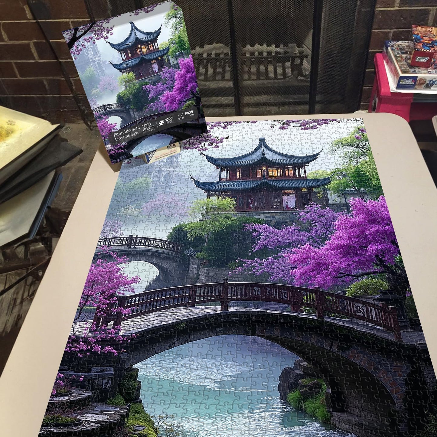 PICKFORU Plum Blossom Dreamscape 1000-Piece Puzzle - Vintage Flower & Lake Park Scene