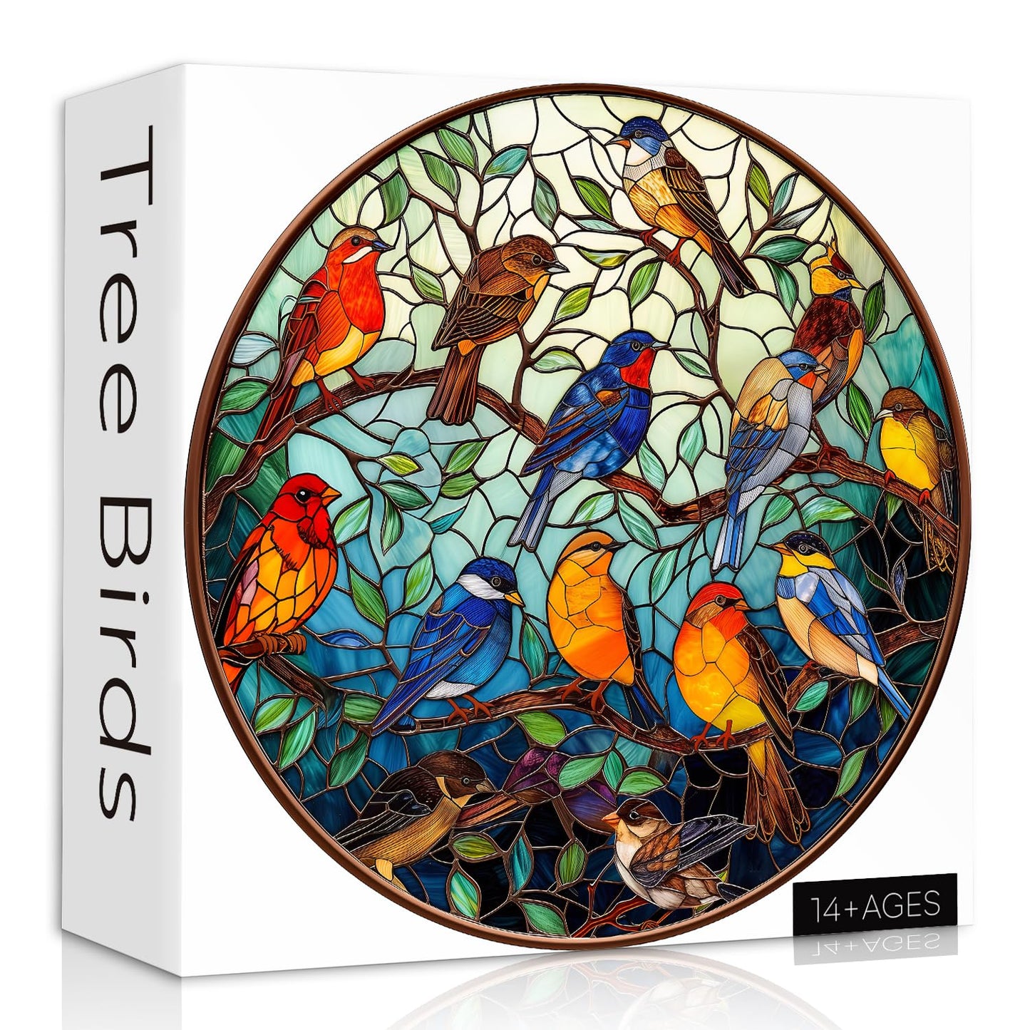 PICKFORU Stained Glass Round Bird Puzzle 1000 Pieces – Colorful Tree Jigsaw for Adults