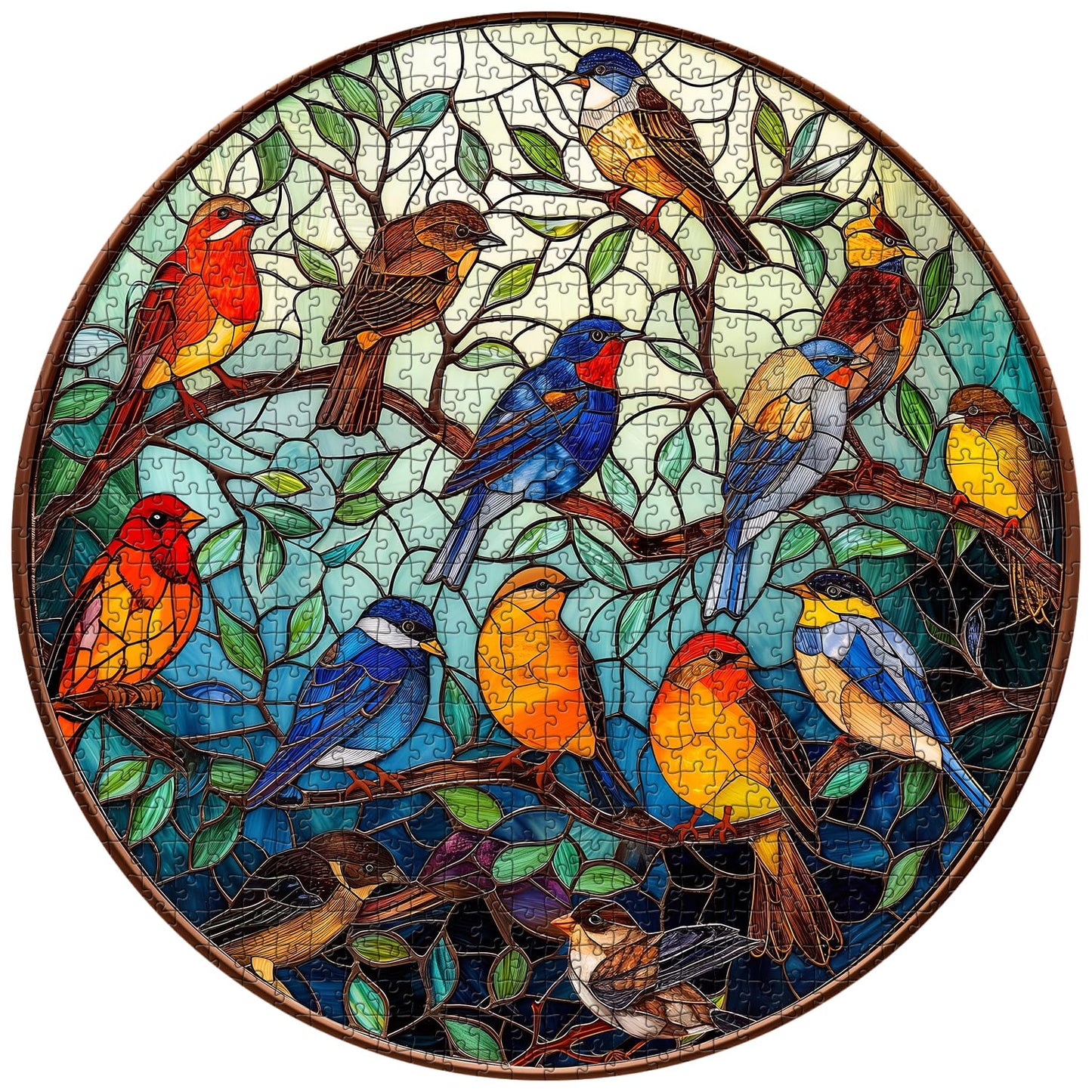 PICKFORU Stained Glass Round Bird Puzzle 1000 Pieces – Colorful Tree Jigsaw for Adults