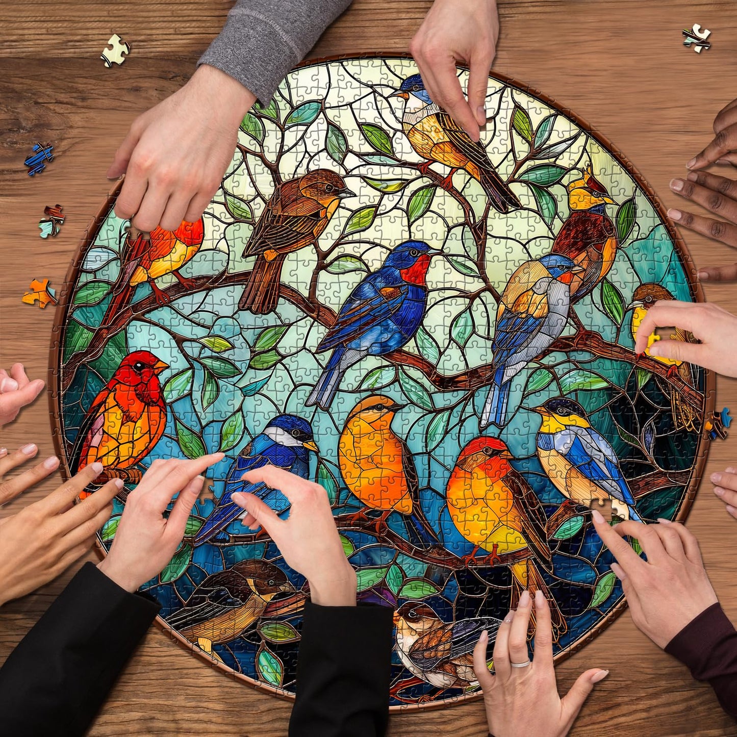 PICKFORU Stained Glass Round Bird Puzzle 1000 Pieces – Colorful Tree Jigsaw for Adults