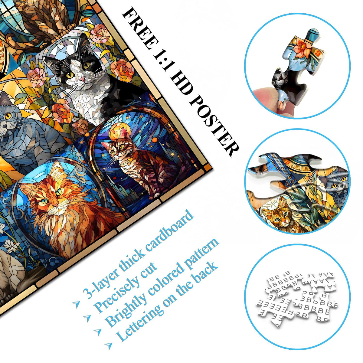 PICKFORU Stained Glass Cat Puzzle – 1000 Pieces for Adults, Colorful Kitty Collage