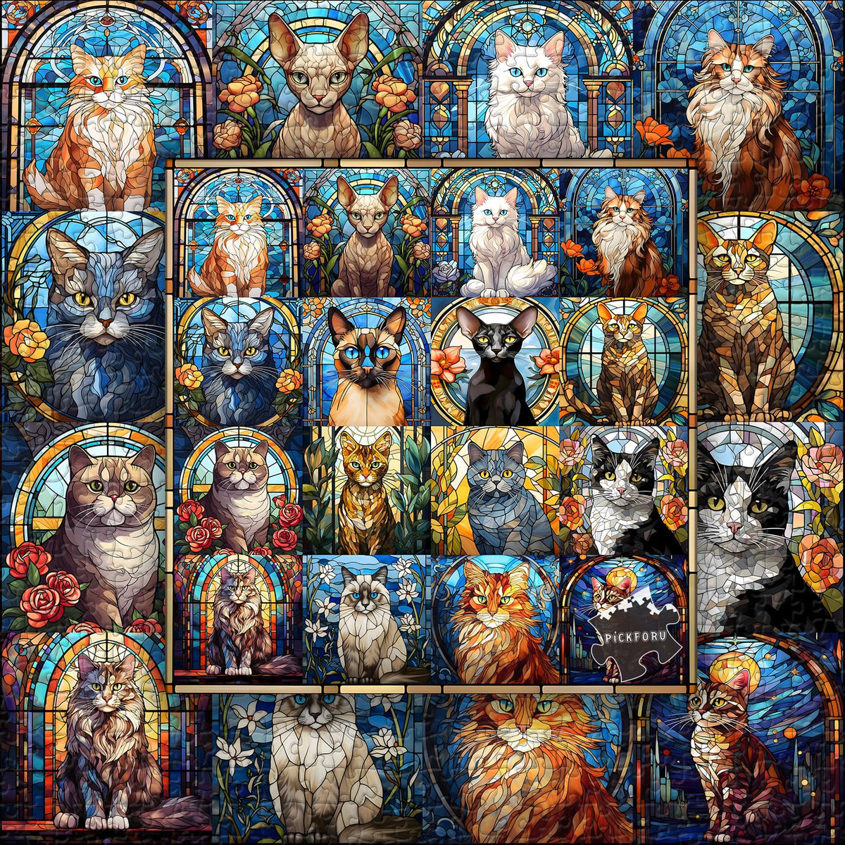 PICKFORU Stained Glass Cat Puzzle – 1000 Pieces for Adults, Colorful Kitty Collage