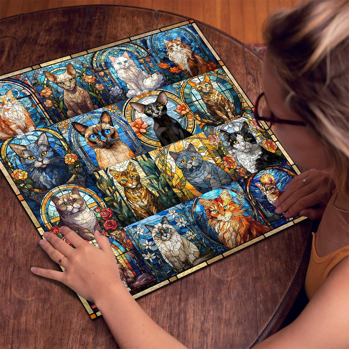 PICKFORU Stained Glass Cat Puzzle – 1000 Pieces for Adults, Colorful Kitty Collage