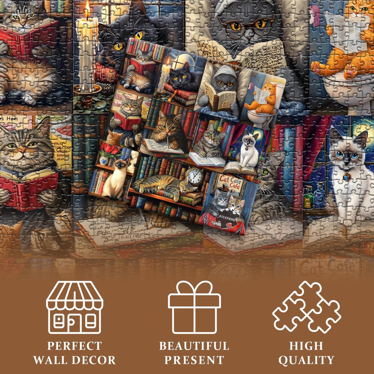 PICKFORU Vintage Cat Puzzles 1000 Pieces | Retro Cat Library Jigsaw for Adults